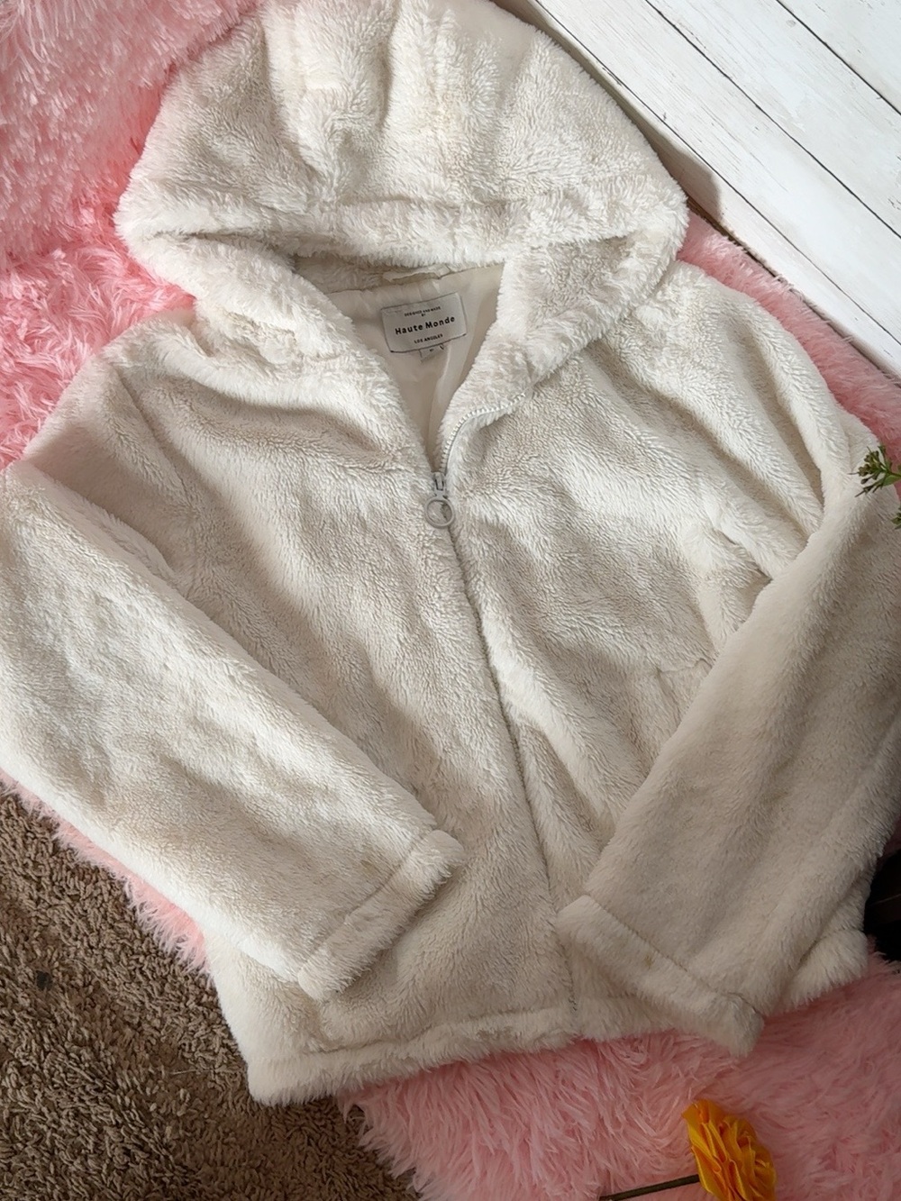 Haute Monde Cream Plush Hooded Puffer Jacket